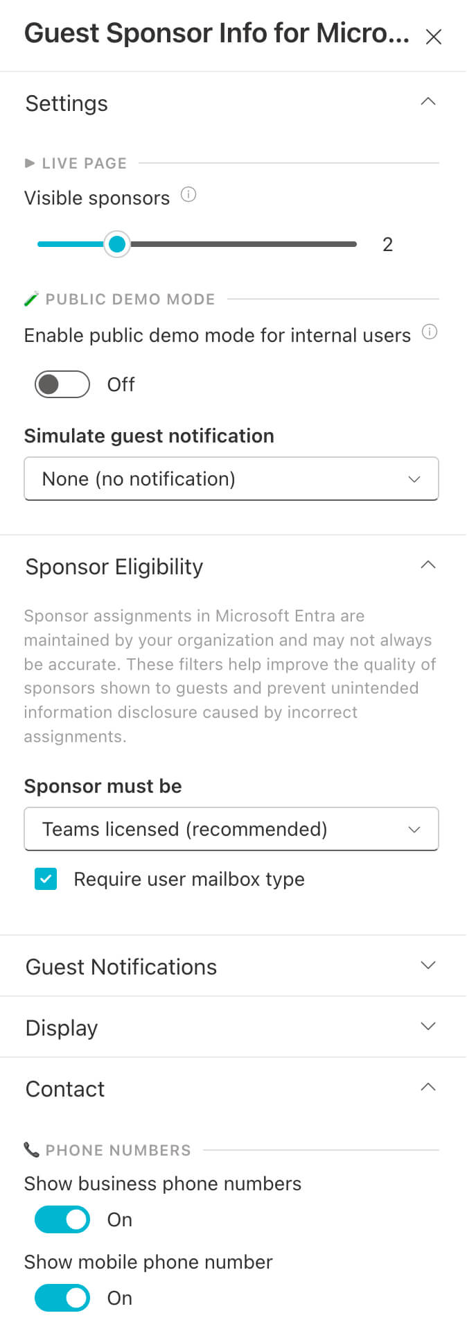 Web part property pane showing the visible Settings,
    Sponsor Eligibility, Guest Notifications, Display, and Contact sections.
