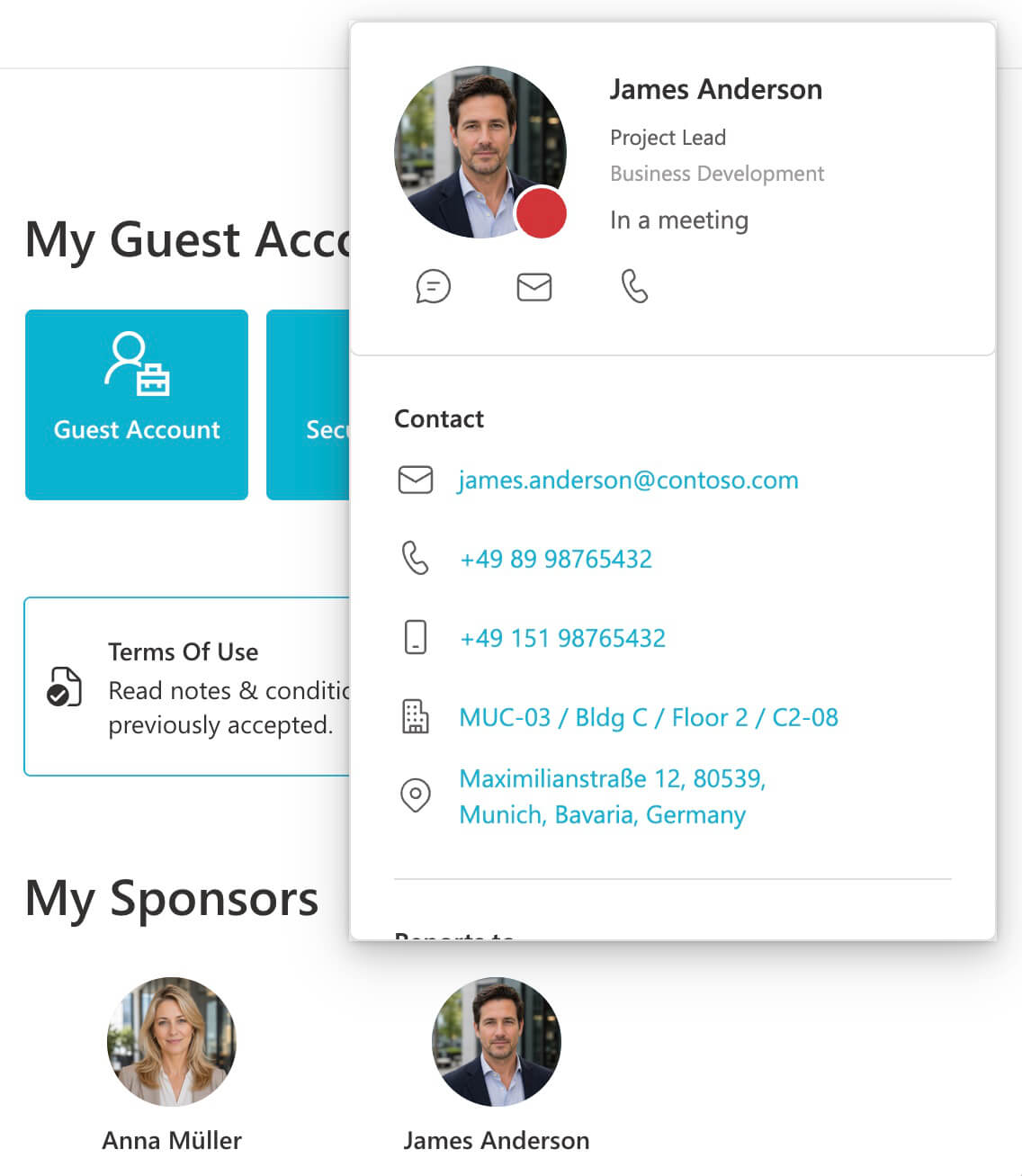 Screenshot of the Guest Sponsor Info web part with an opened sponsor detail view.