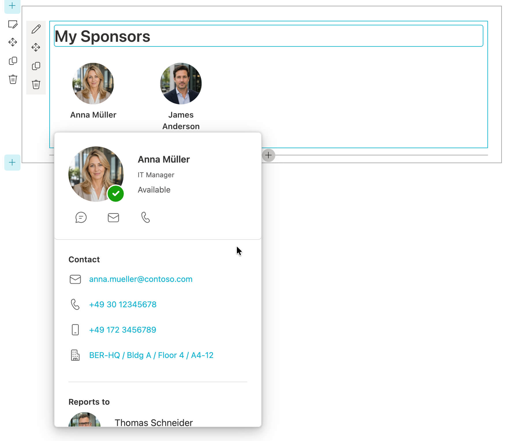 Screenshot of the web part in SharePoint edit mode with mock sponsors and an
expanded sponsor card.