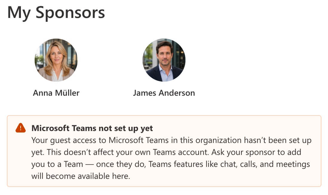 Screenshot of the Guest Sponsor Info web part showing that Microsoft Teams is
not set up yet for the guest.