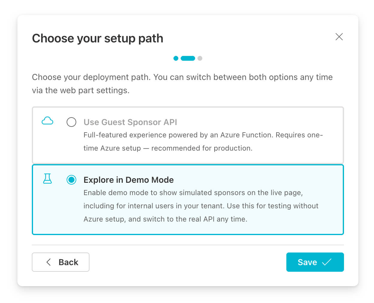 Setup Wizard step showing the choice between Guest Sponsor API and Demo Mode.